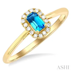 5x3 MM Octagonal Shape Blue Topaz and 1/20 ctw Single Cut Diamond Halo Semi Precious Ring in 10K Yellow Gold