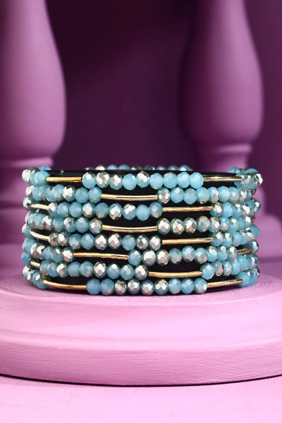 8 Layer Stackable Glass bead & Metal bracelet : PINK
