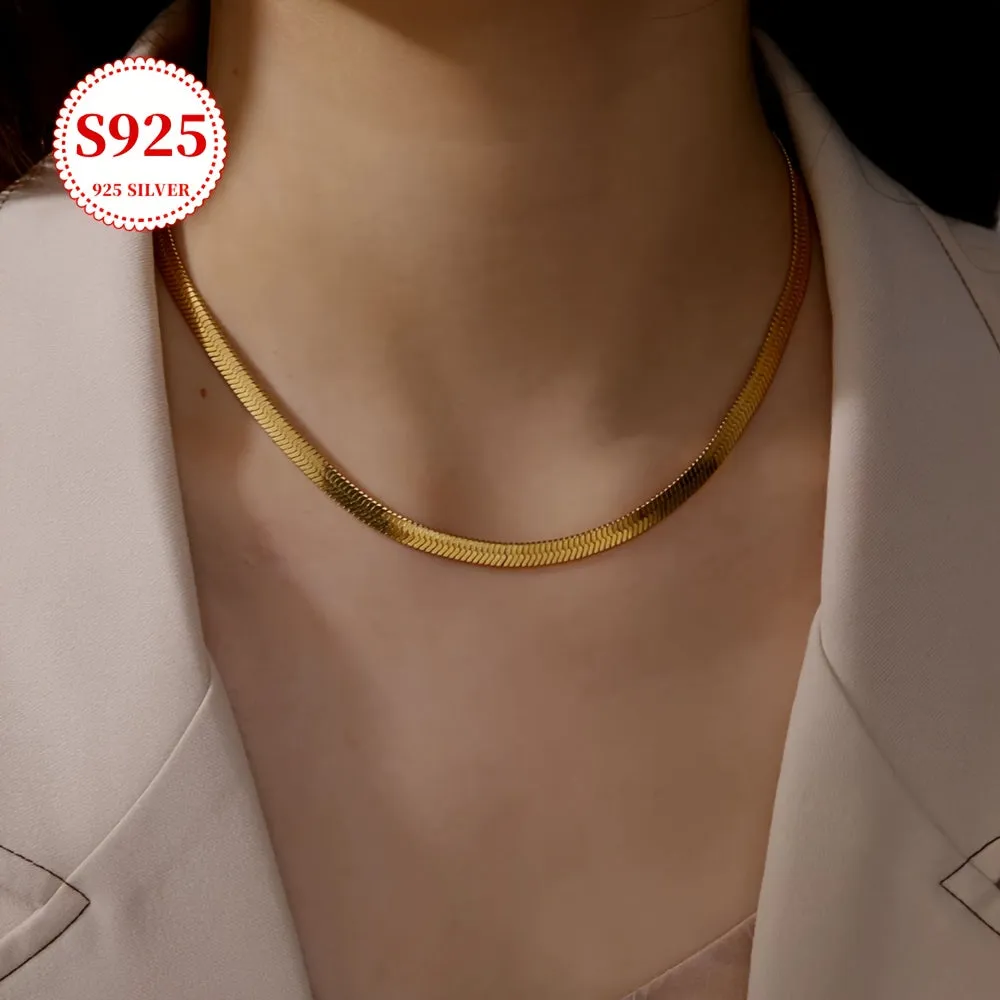 8g S925 Sterling Silver Flat Snake Chain Necklace Minimalist Golden Style