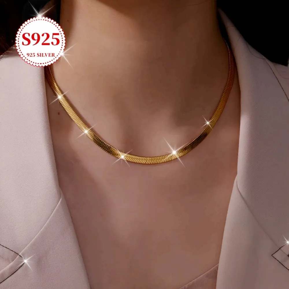 8g S925 Sterling Silver Flat Snake Chain Necklace Minimalist Golden Style