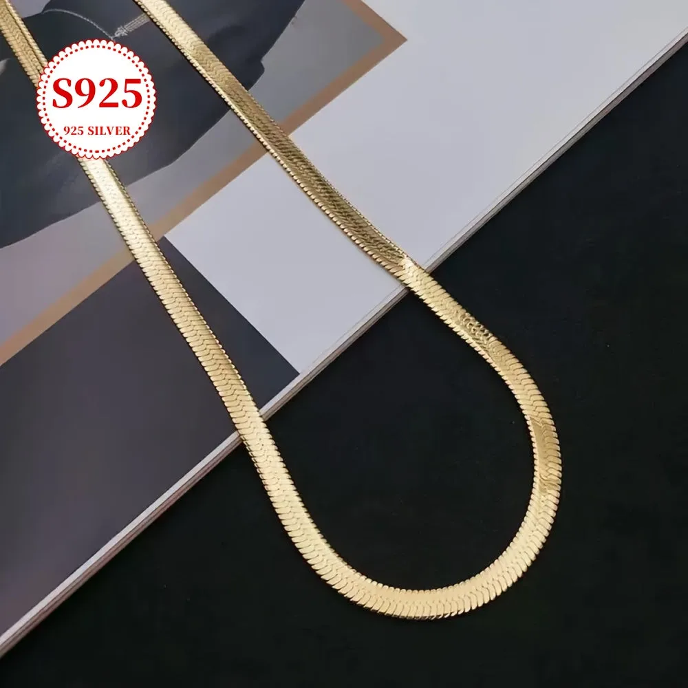 8g S925 Sterling Silver Flat Snake Chain Necklace Minimalist Golden Style