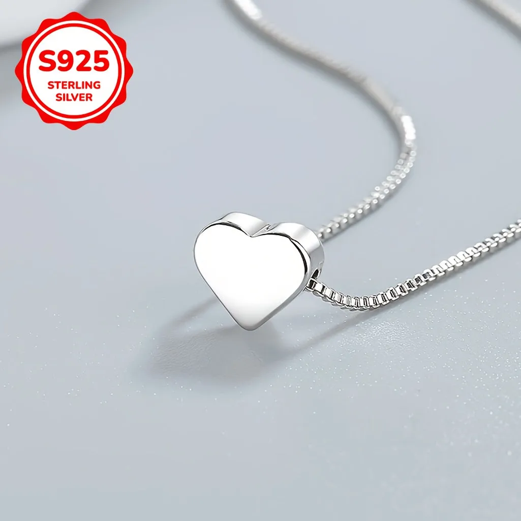 925 Silver Compact Love Pendant Necklace Plain Chain Low Allergy