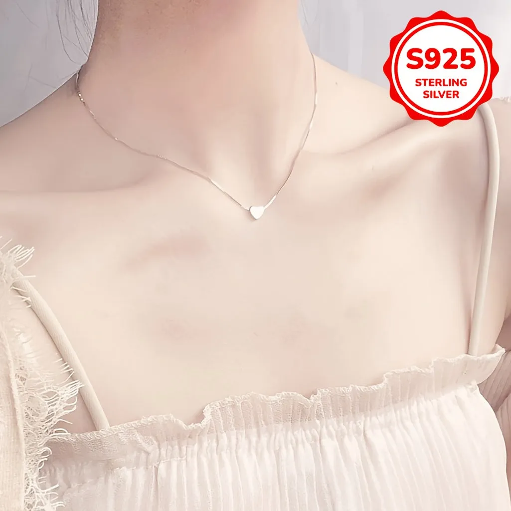 925 Silver Compact Love Pendant Necklace Plain Chain Low Allergy