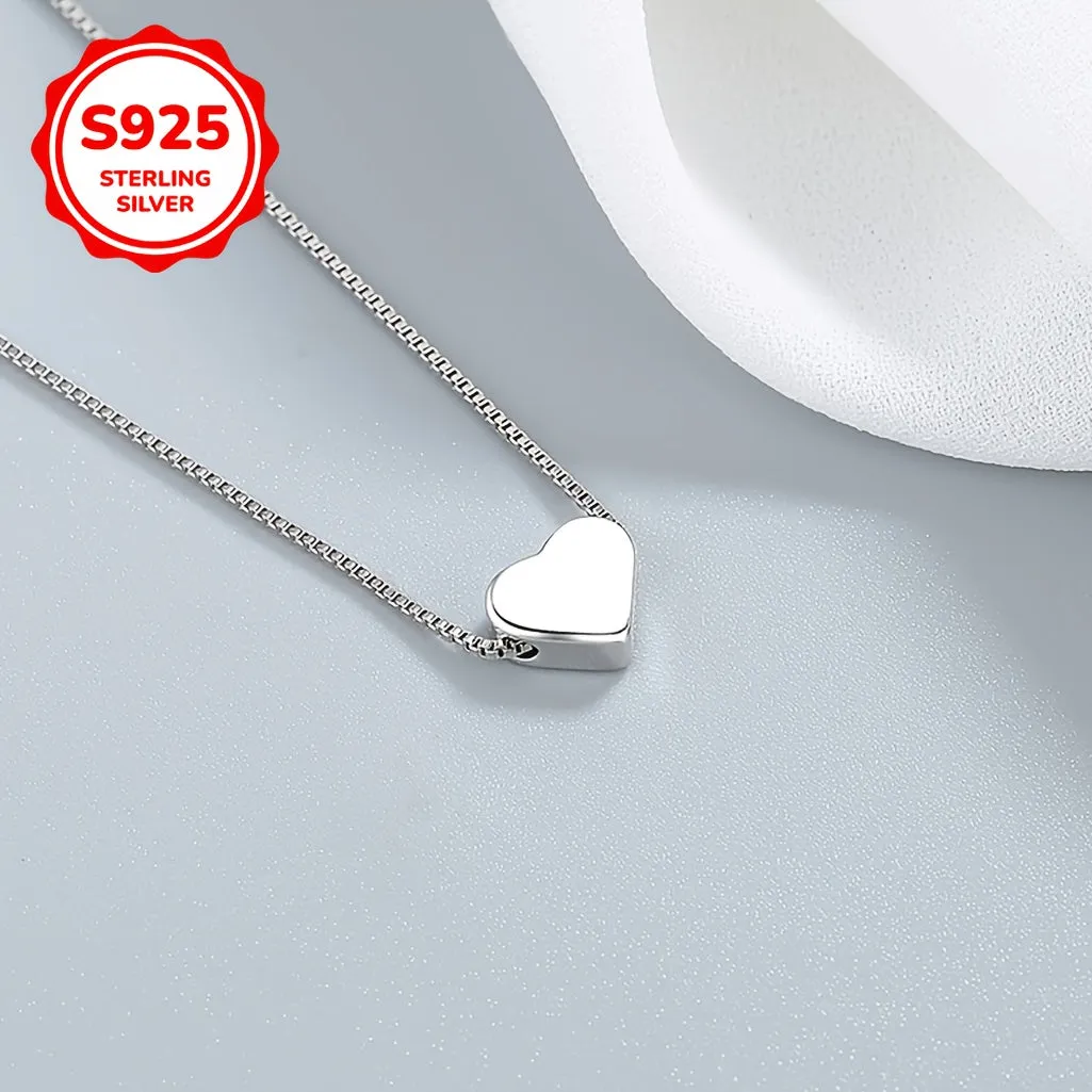 925 Silver Compact Love Pendant Necklace Plain Chain Low Allergy