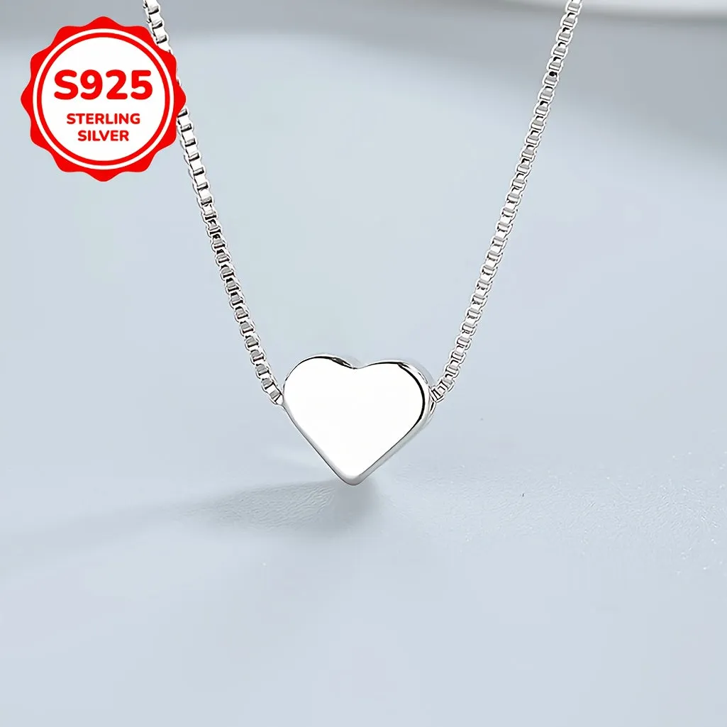 925 Silver Compact Love Pendant Necklace Plain Chain Low Allergy