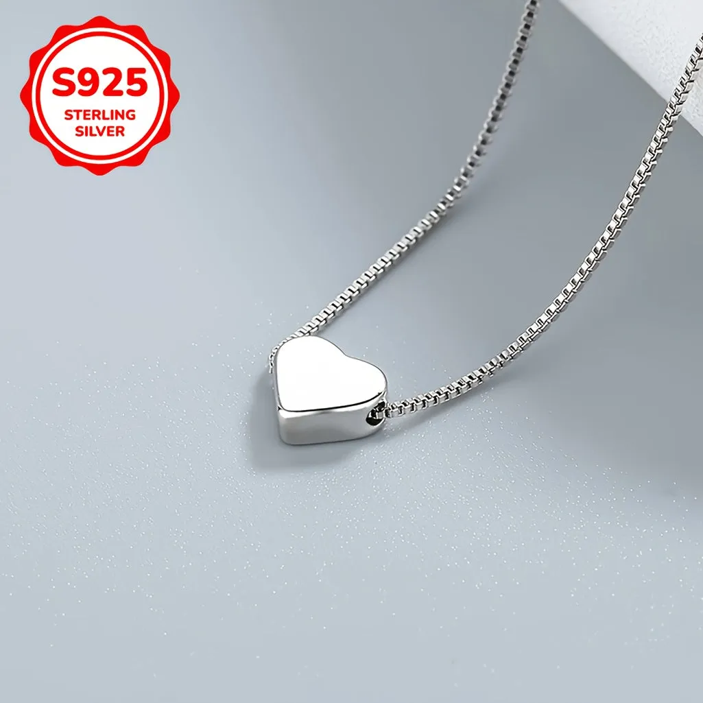 925 Silver Compact Love Pendant Necklace Plain Chain Low Allergy