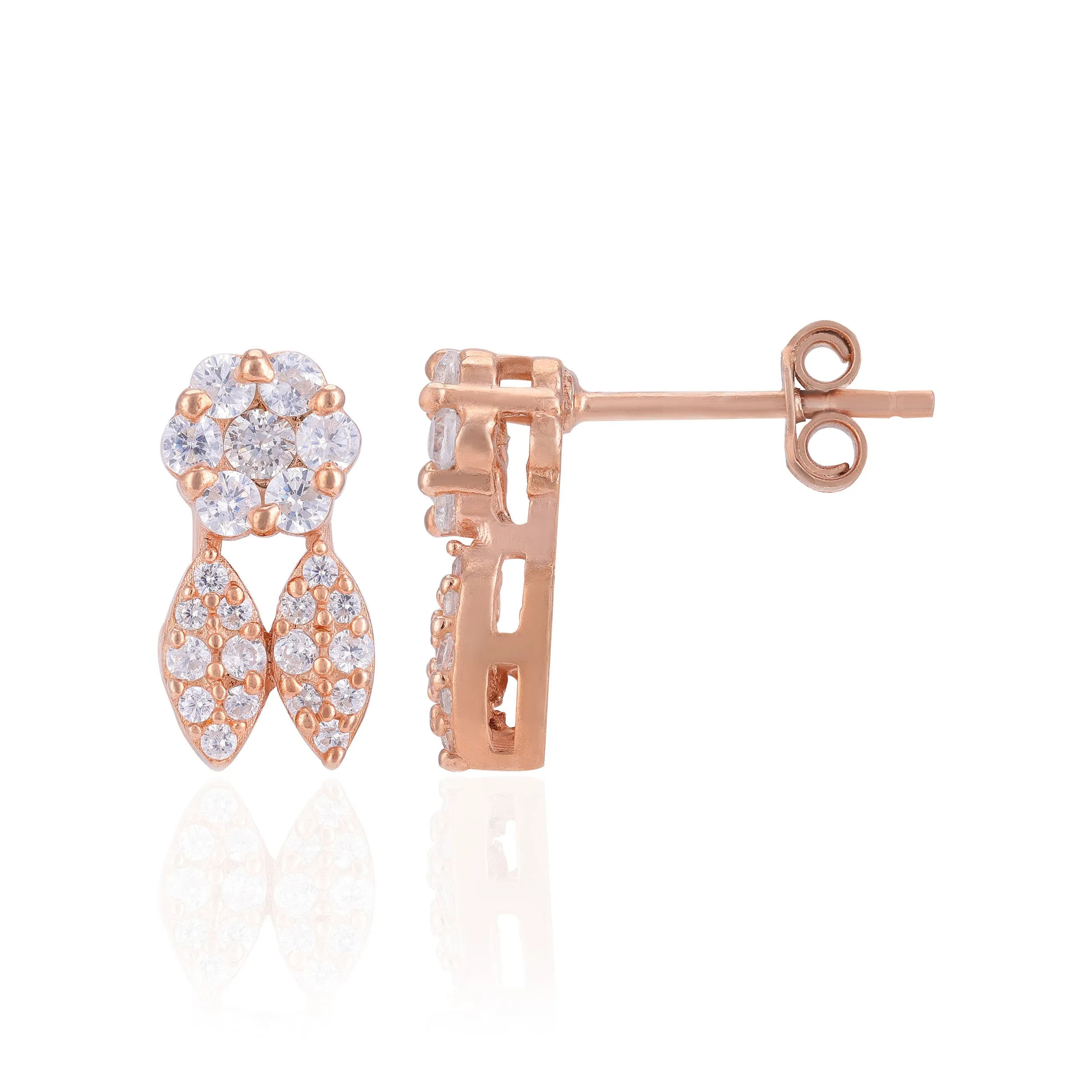 925 Sterling Silver Crystal Bloom Leaf Drop Rose Gold Plated Earrings For Women