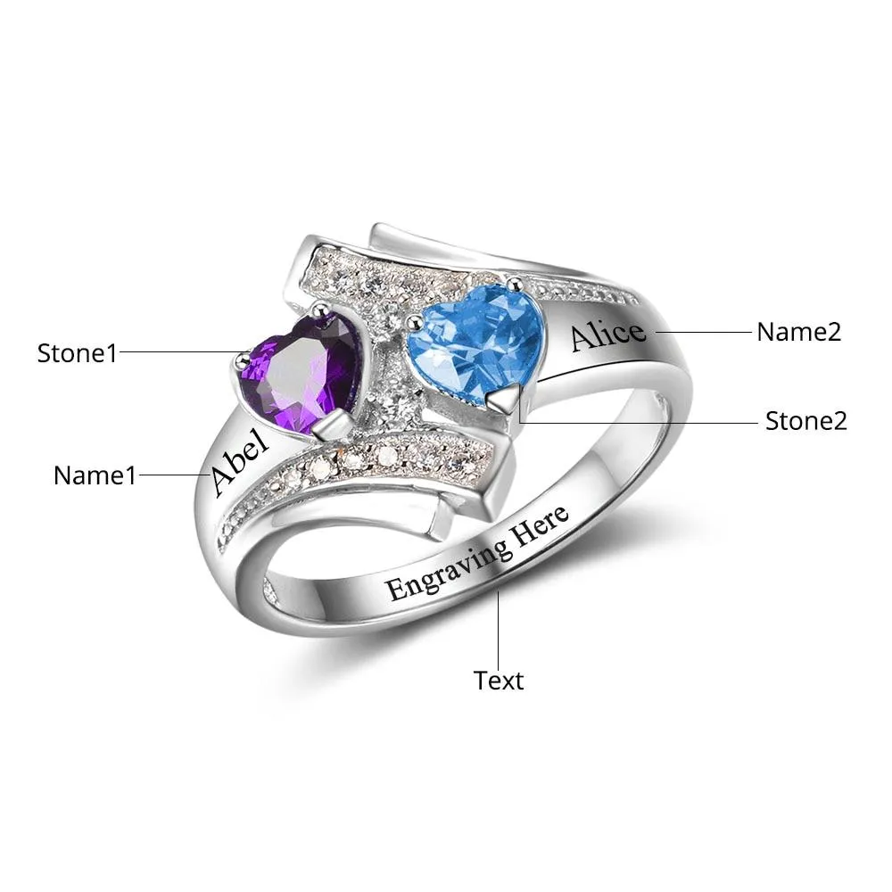 925 Sterling Silver Customized Heart Birthstone & Engraved Name Ring, Fashion Jewelry Gift for Women