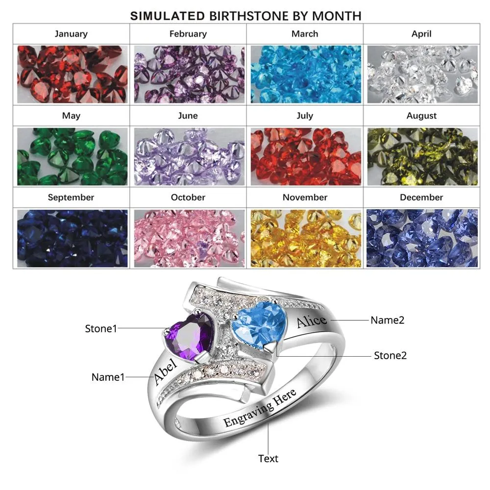 925 Sterling Silver Customized Heart Birthstone & Engraved Name Ring, Fashion Jewelry Gift for Women