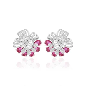 925 Sterling Silver Glitter Curves Pink Petals Rhodium Plated Earrings For Women