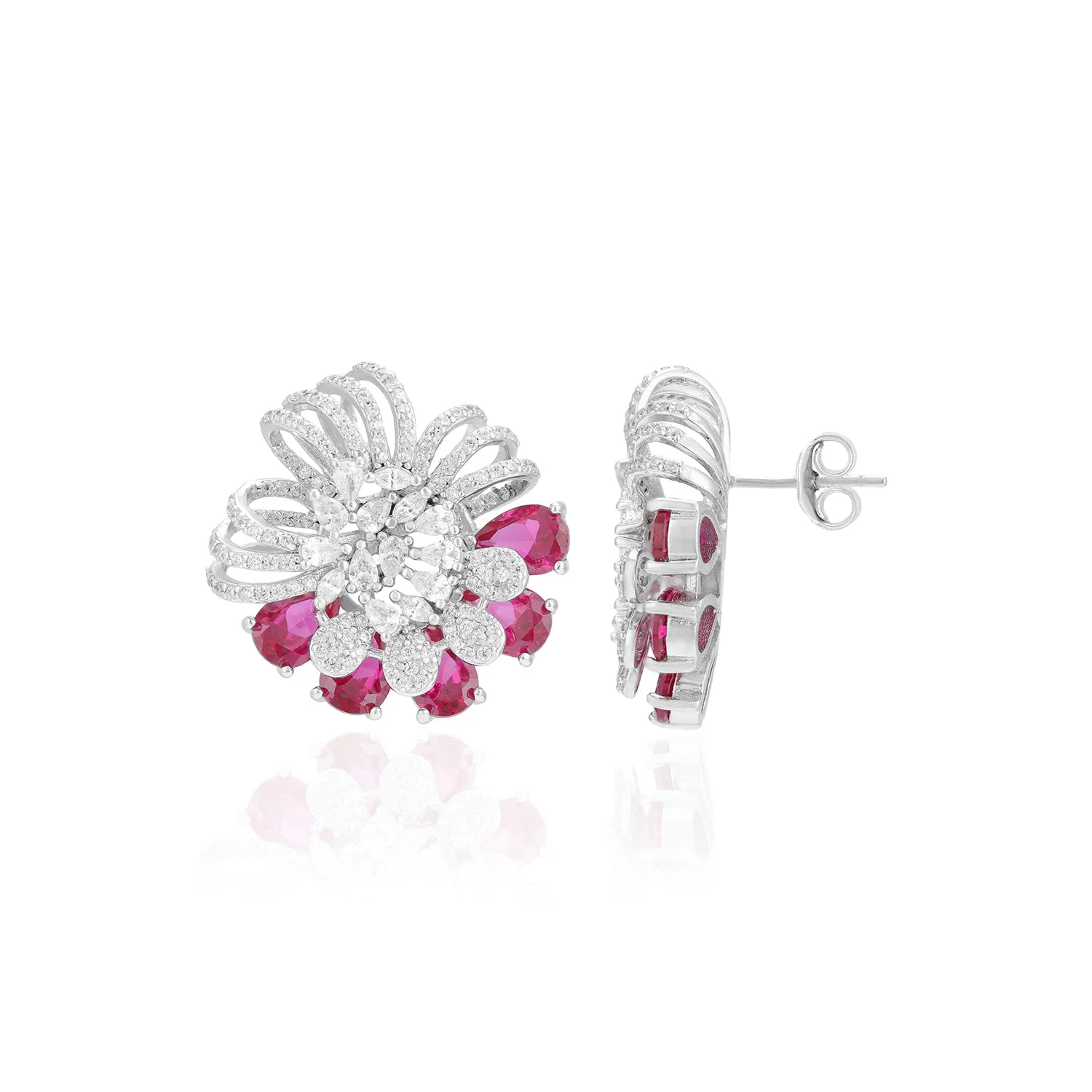 925 Sterling Silver Glitter Curves Pink Petals Rhodium Plated Earrings For Women