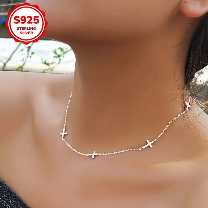 925 Sterling Silver Glossy Cross Charm Clavicle Chain Necklace
