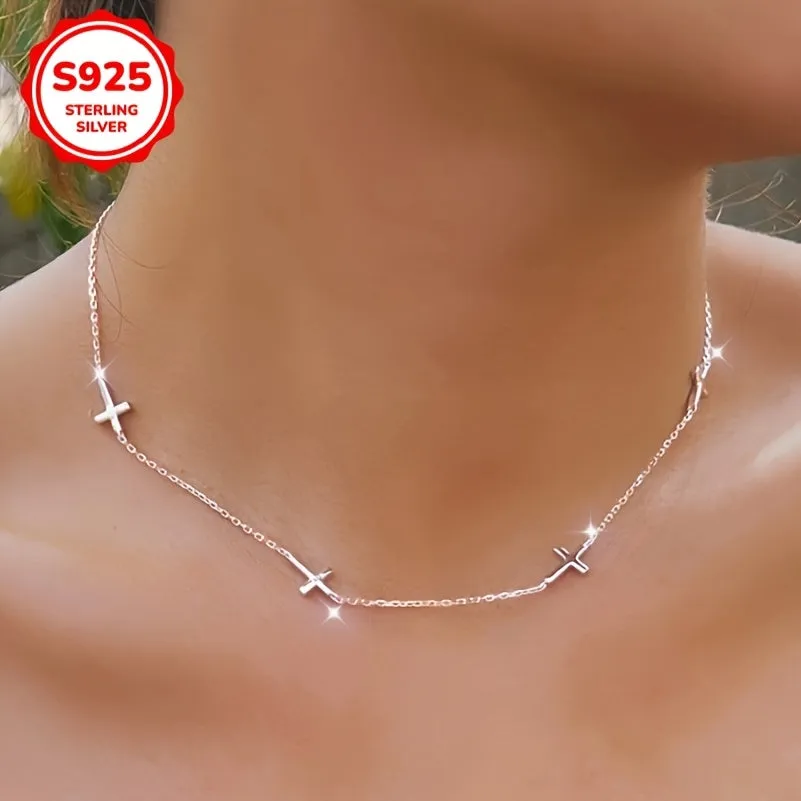 925 Sterling Silver Glossy Cross Charm Clavicle Chain Necklace