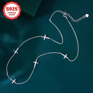 925 Sterling Silver Glossy Cross Charm Clavicle Chain Necklace