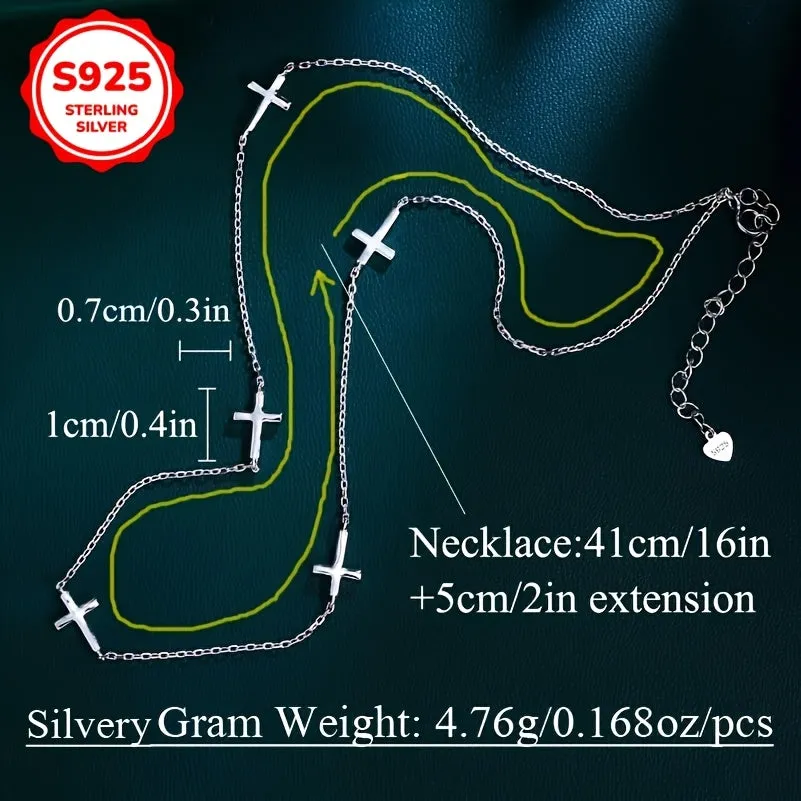 925 Sterling Silver Glossy Cross Charm Clavicle Chain Necklace
