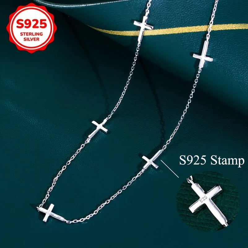 925 Sterling Silver Glossy Cross Charm Clavicle Chain Necklace