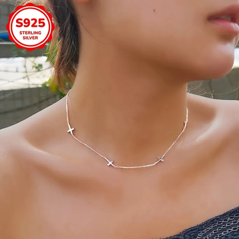 925 Sterling Silver Glossy Cross Charm Clavicle Chain Necklace
