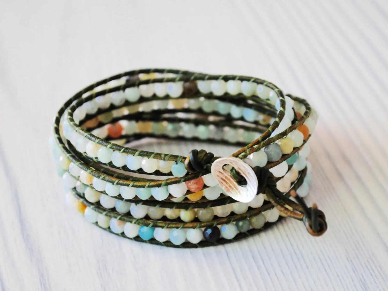 Amazonite 5 Wrap  Leather Bracelet