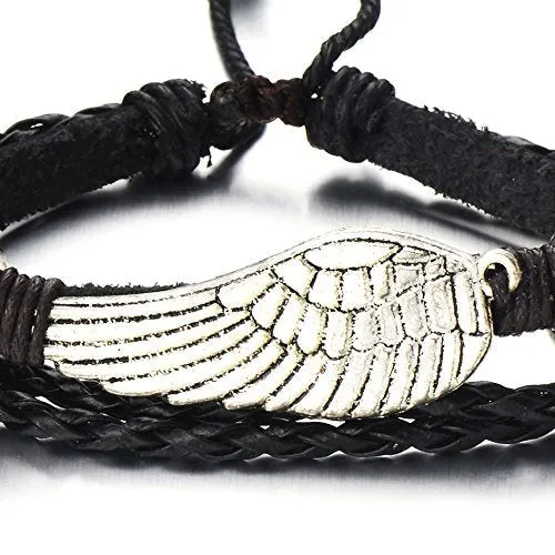 Angel Wing Multi-Strand Brown Leather Bracelet for Men Women Tribal Leather Wristband Wrap Bracelet