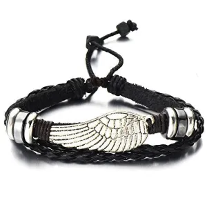 Angel Wing Multi-Strand Brown Leather Bracelet for Men Women Tribal Leather Wristband Wrap Bracelet