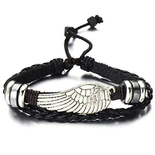 Angel Wing Multi-Strand Brown Leather Bracelet for Men Women Tribal Leather Wristband Wrap Bracelet