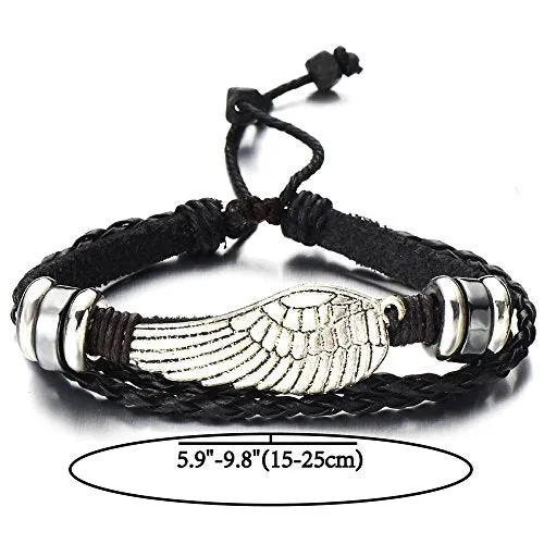 Angel Wing Multi-Strand Brown Leather Bracelet for Men Women Tribal Leather Wristband Wrap Bracelet