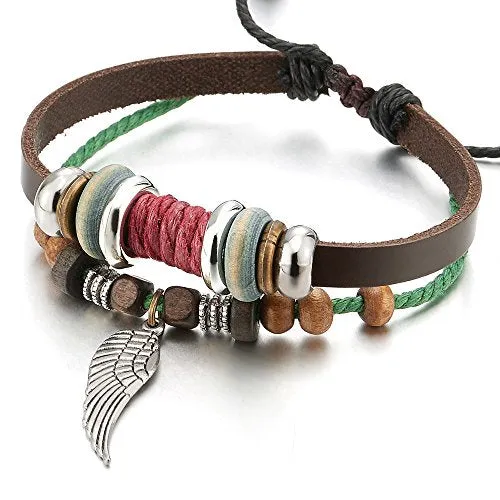 Angel Wing Multi-Strand Brown Leather Bracelet for Men Women Tribal Leather Wristband Wrap Bracelet