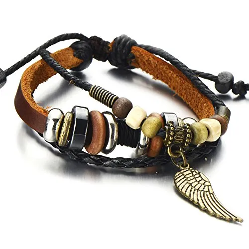 Angel Wing Multi-Strand Brown Leather Bracelet for Men Women Tribal Leather Wristband Wrap Bracelet