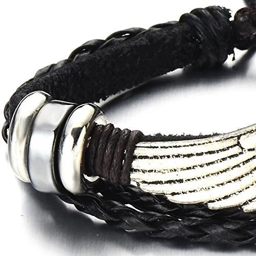 Angel Wing Multi-Strand Brown Leather Bracelet for Men Women Tribal Leather Wristband Wrap Bracelet