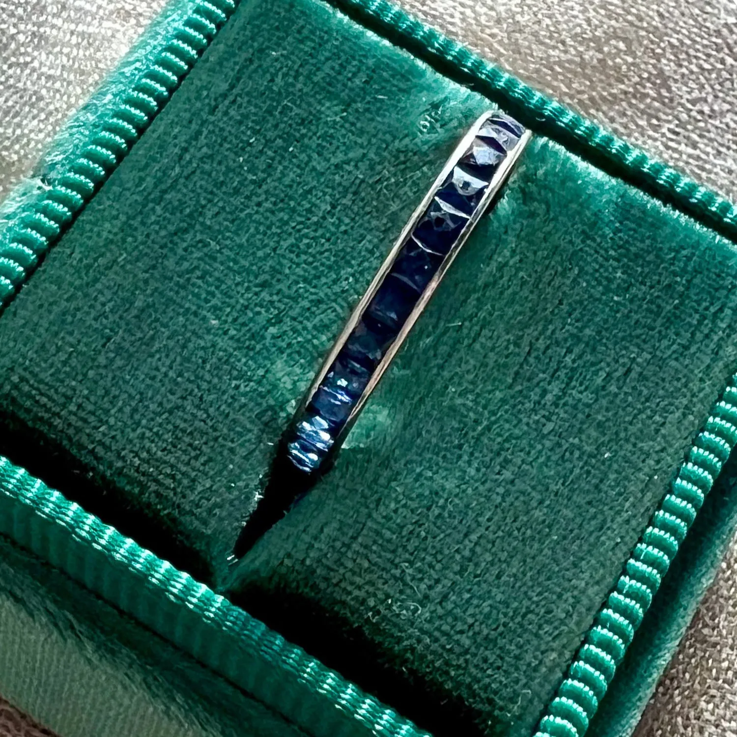 Antique Platinum Sapphire Eternity Band Ring, Engraved 1.75 Ctw