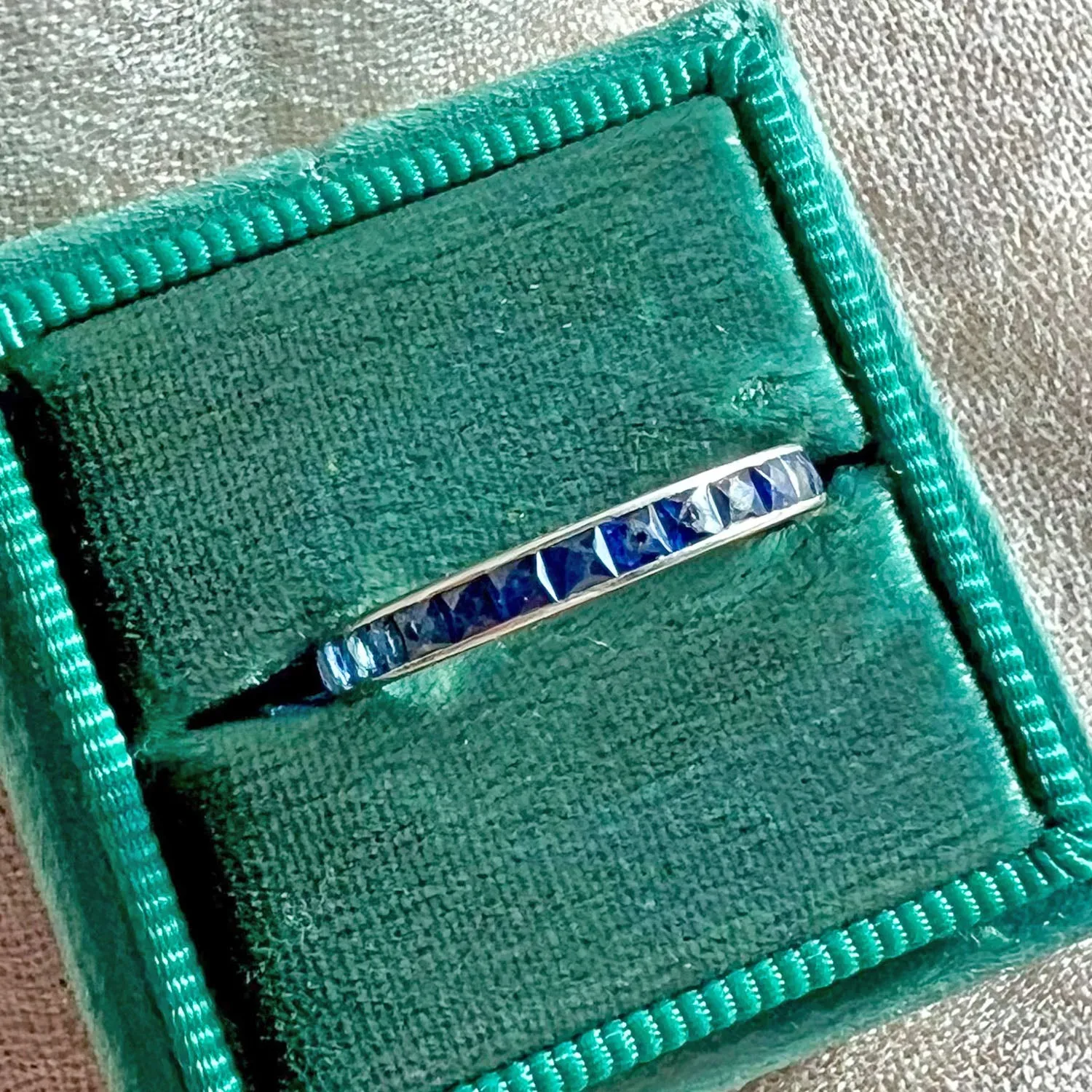 Antique Platinum Sapphire Eternity Band Ring, Engraved 1.75 Ctw