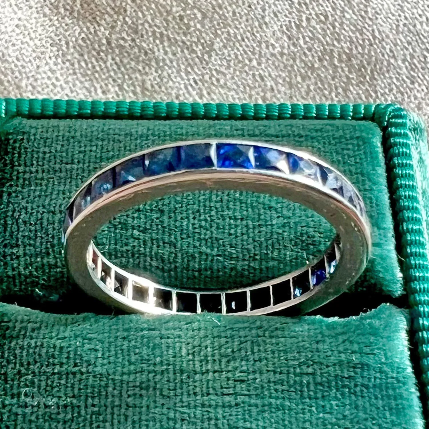 Antique Platinum Sapphire Eternity Band Ring, Engraved 1.75 Ctw