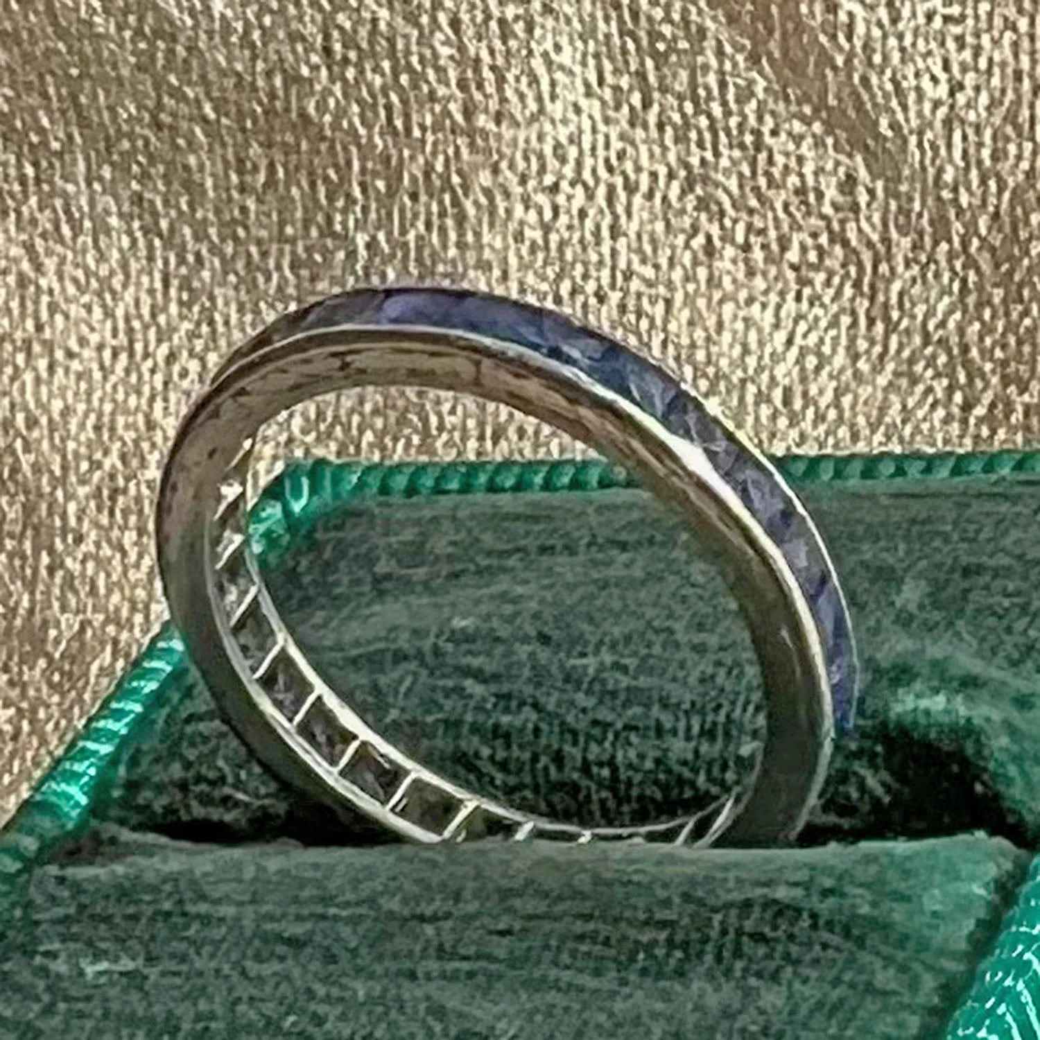 Antique Platinum Sapphire Eternity Band Ring, Engraved 1.75 Ctw