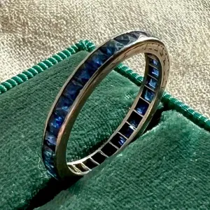 Antique Platinum Sapphire Eternity Band Ring, Engraved 1.75 Ctw