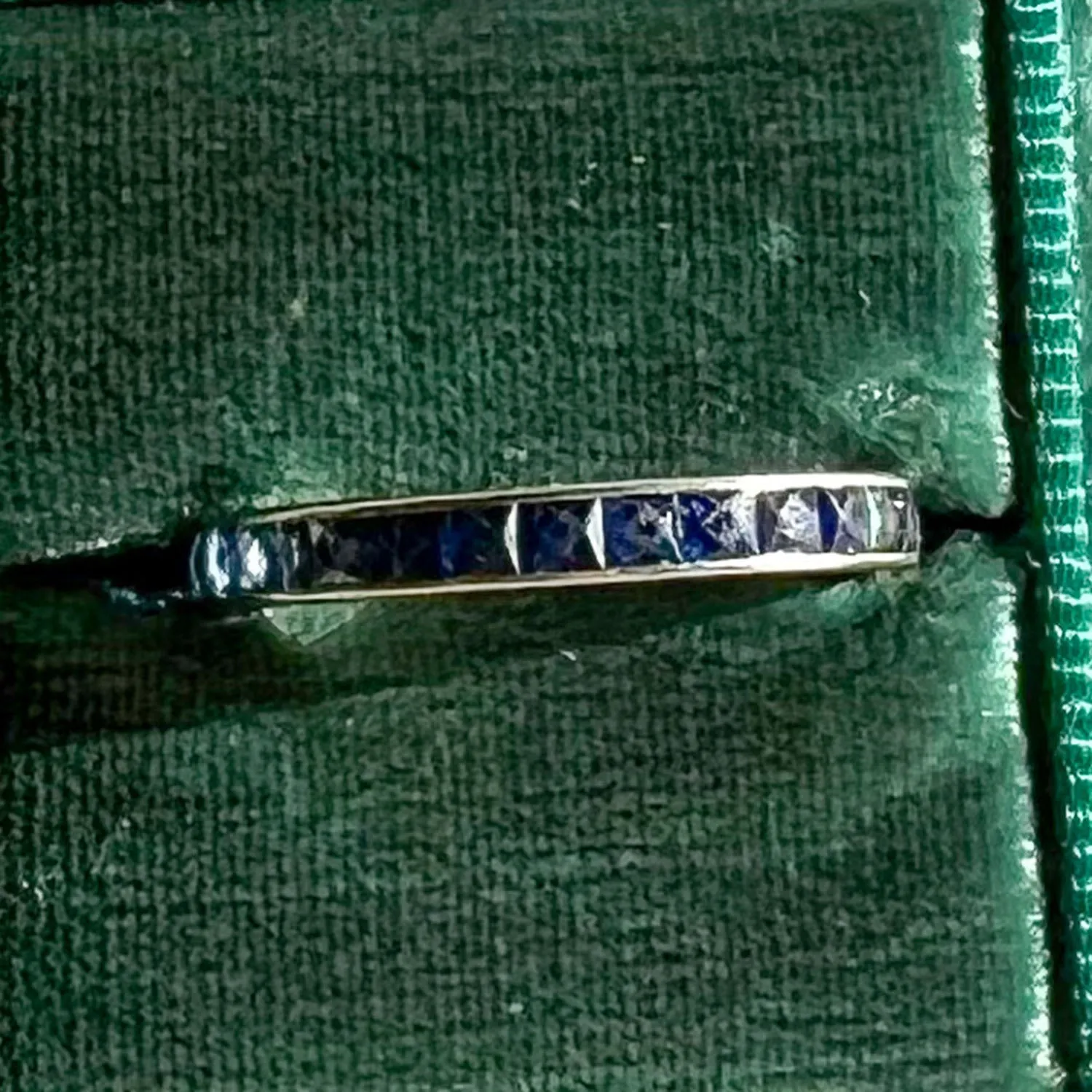 Antique Platinum Sapphire Eternity Band Ring, Engraved 1.75 Ctw