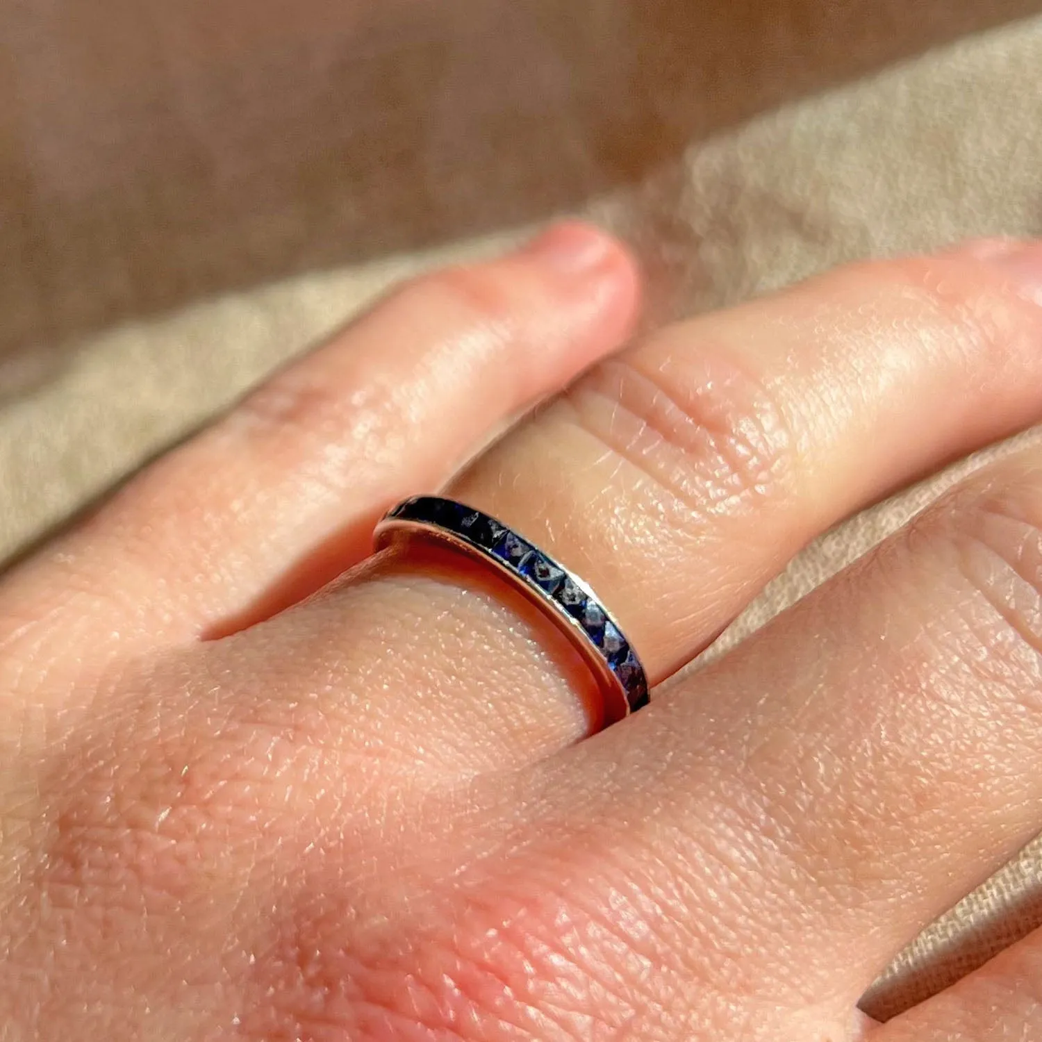 Antique Platinum Sapphire Eternity Band Ring, Engraved 1.75 Ctw