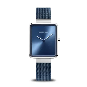 Bering Classic Blue Stainless Steel Ladies Mesh Rectangular Watch with Blue Dial