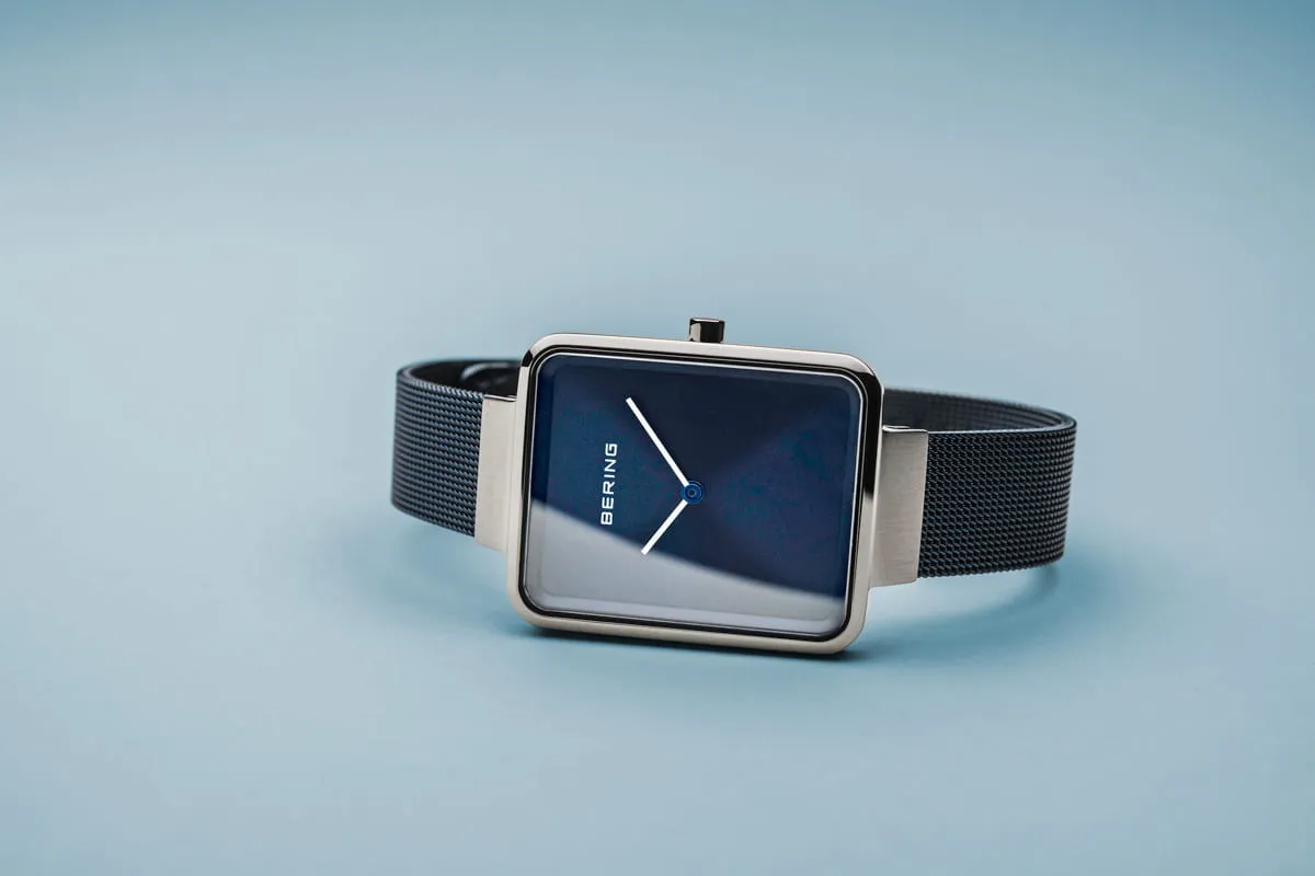 Bering Classic Blue Stainless Steel Ladies Mesh Rectangular Watch with Blue Dial