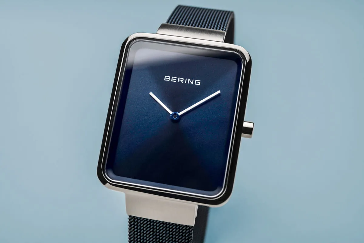 Bering Classic Blue Stainless Steel Ladies Mesh Rectangular Watch with Blue Dial