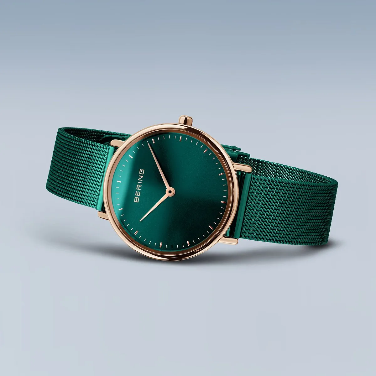 Bering Ladies Ultra Slim Rose Gold & Green Mesh Watch