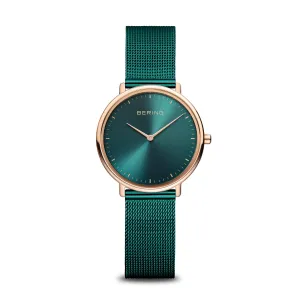 Bering Ladies Ultra Slim Rose Gold & Green Mesh Watch