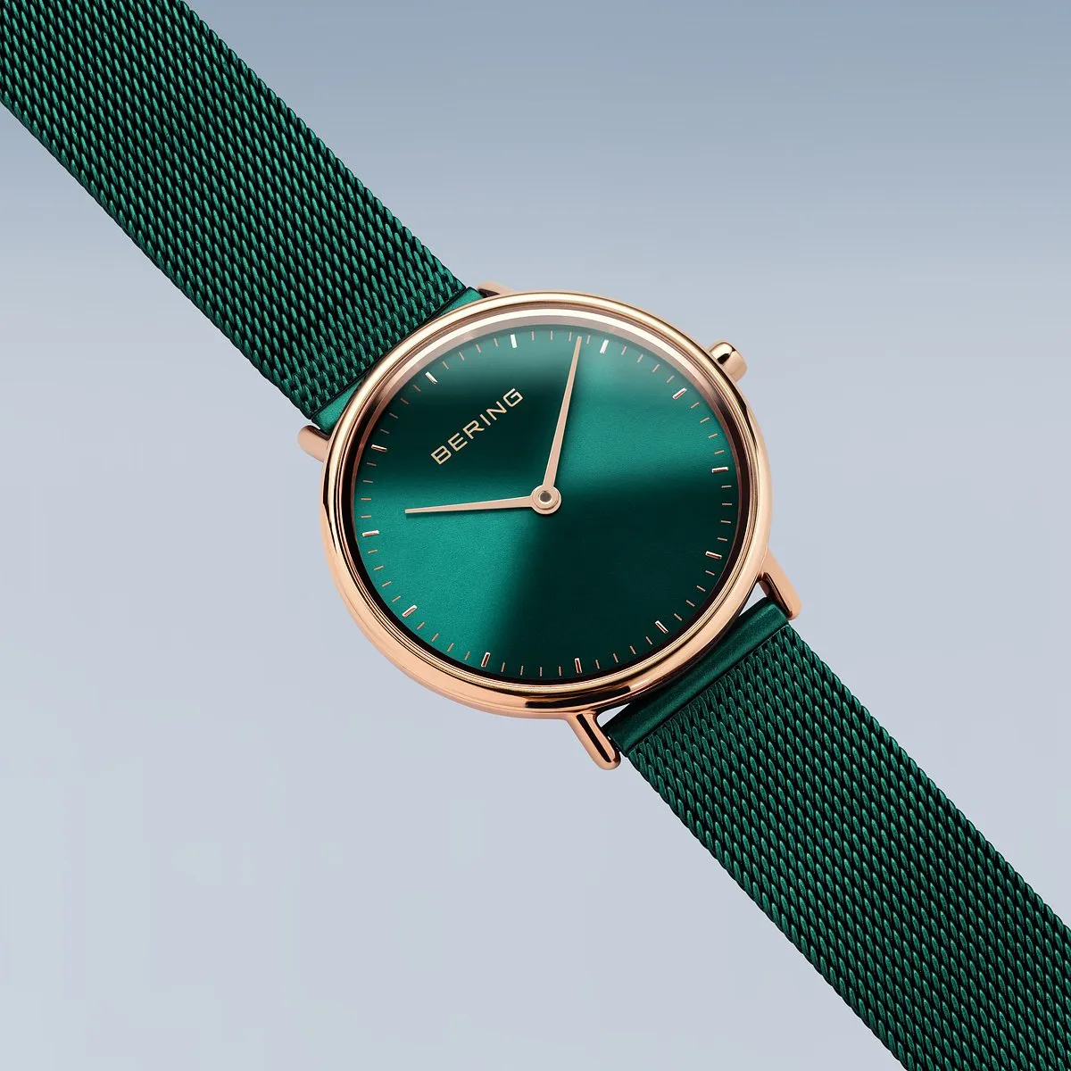 Bering Ladies Ultra Slim Rose Gold & Green Mesh Watch