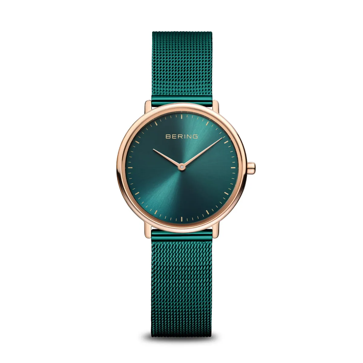 Bering Ladies Ultra Slim Rose Gold & Green Mesh Watch