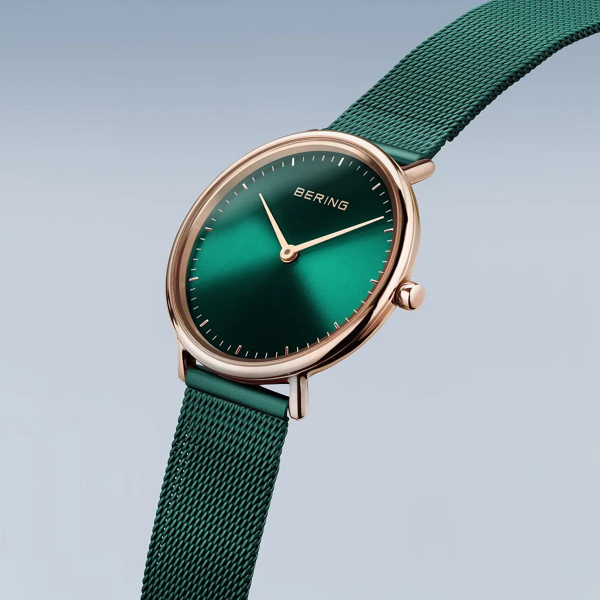 Bering Ladies Ultra Slim Rose Gold & Green Mesh Watch