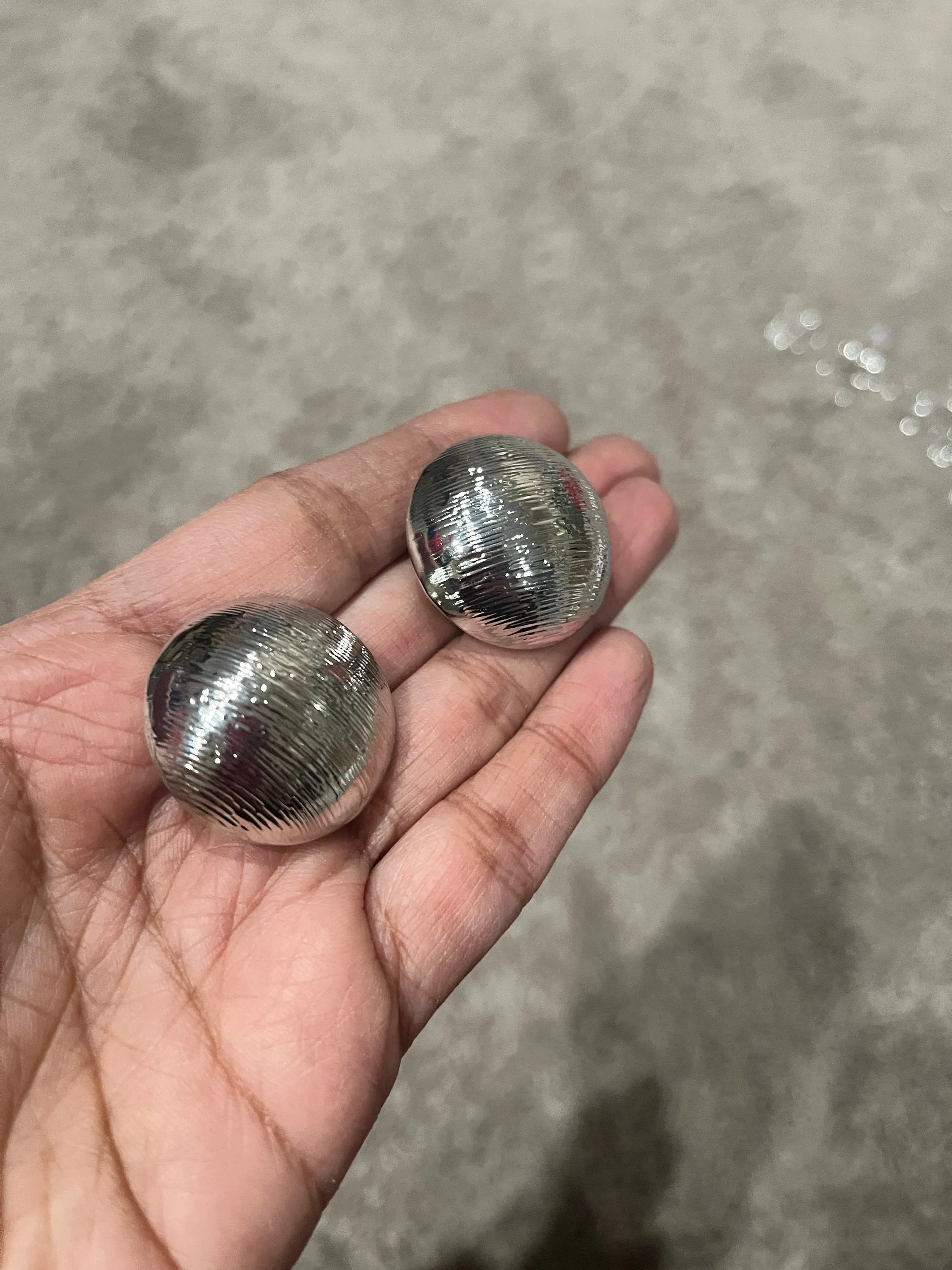 Big Silver stud earrings clip ons  , silver dome statement bold  studs large , silver round metal  , chunky mirror metal shiny stud earrings