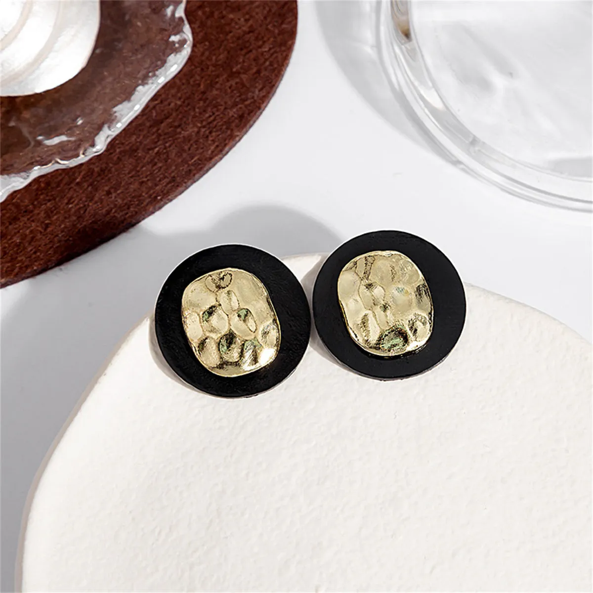 Black Enamel & 18K Gold-Plated Hammered Round Stud Earrings