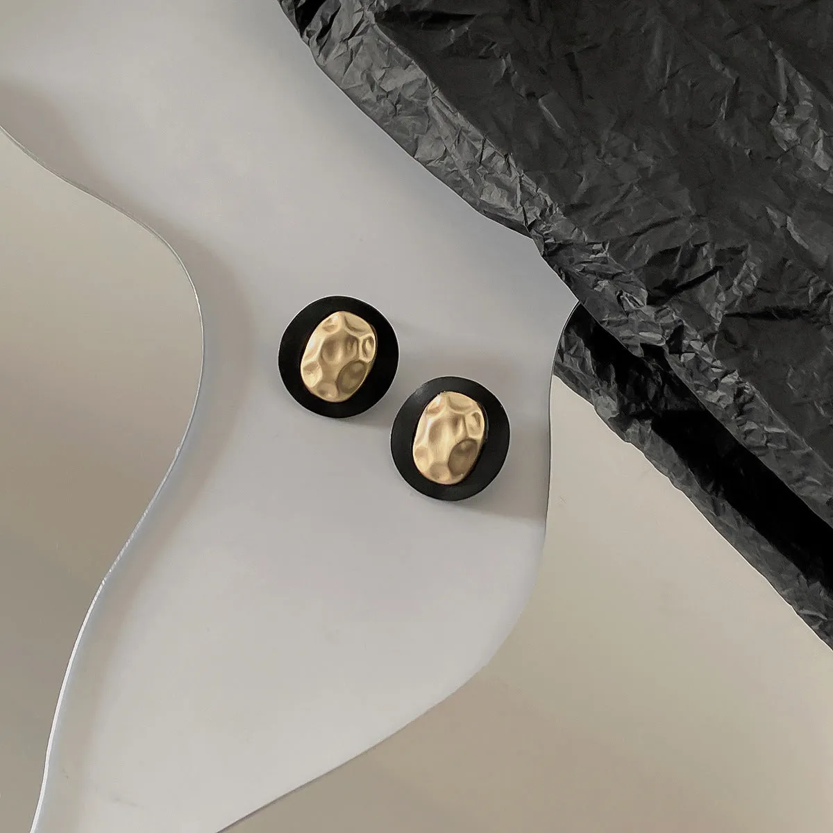 Black Enamel & 18K Gold-Plated Hammered Round Stud Earrings