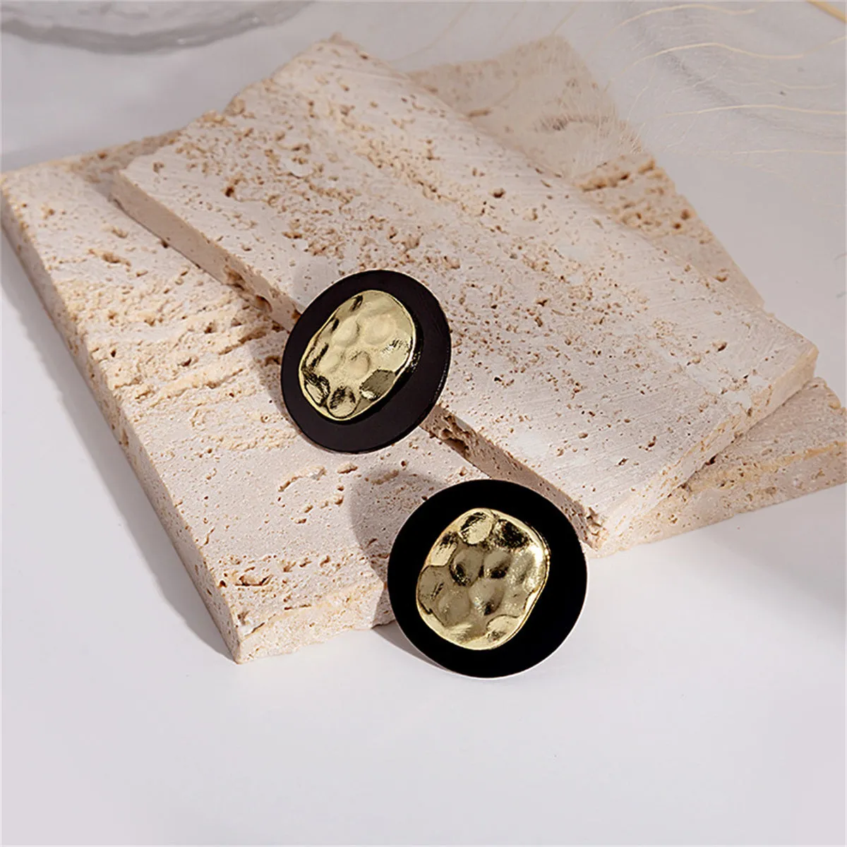 Black Enamel & 18K Gold-Plated Hammered Round Stud Earrings