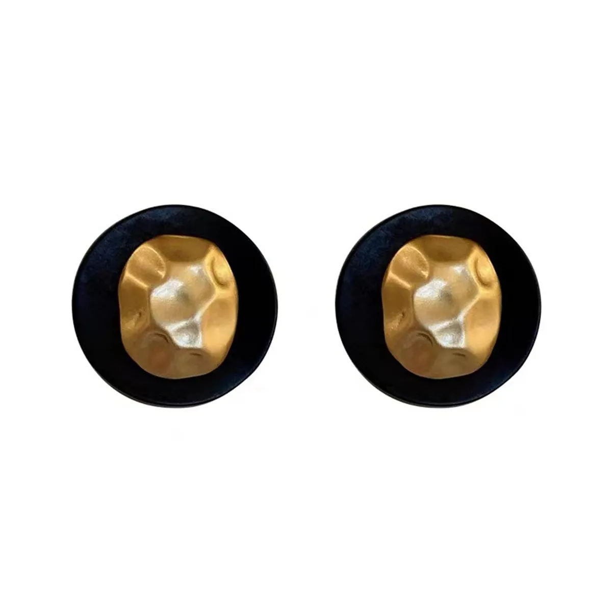 Black Enamel & 18K Gold-Plated Hammered Round Stud Earrings