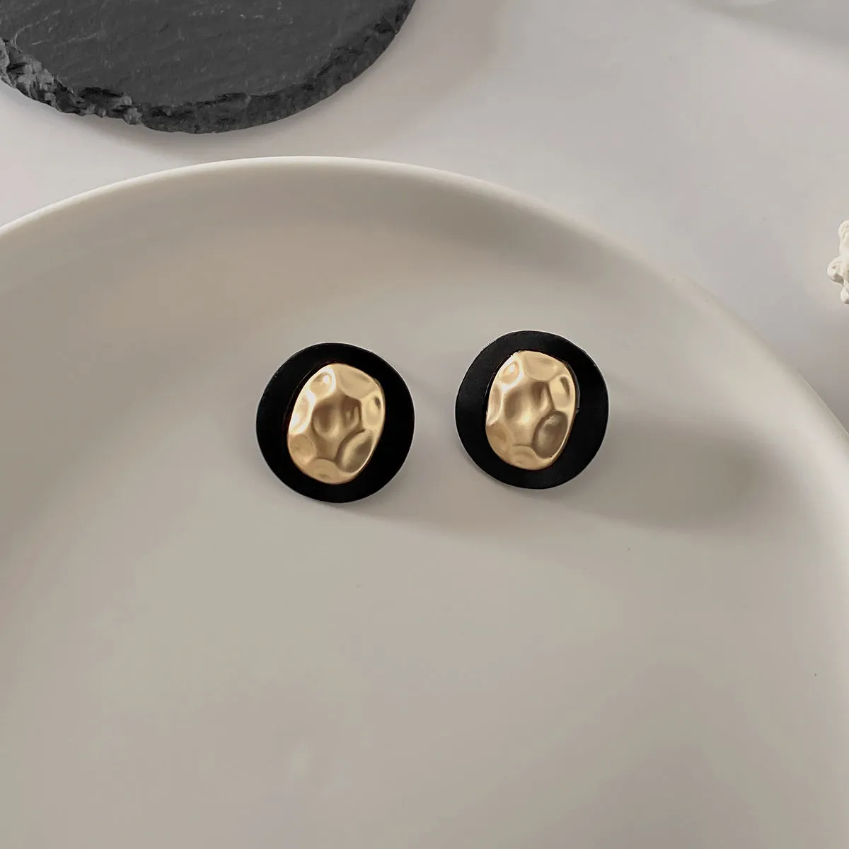 Black Enamel & 18K Gold-Plated Hammered Round Stud Earrings